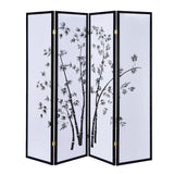 Bamboo Print 4 Panel Wooden Room Divider, Black and White