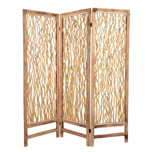 Benzara Contemporary 3 Panel Wood Screen with Vertical Branch Design, Brown BM205856 Brown Wood BM205856