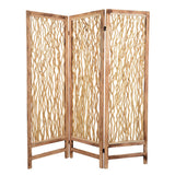 Contemporary 3 Panel Wood Screen with Vertical Branch Design, Brown