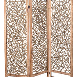 Benzara Contemporary 3 Panel Wooden Screen with Willow Branch Inset, Brown BM205857 Brown Wood BM205857