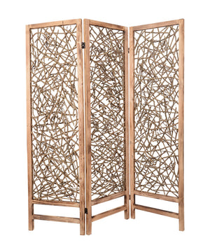 Benzara Contemporary 3 Panel Wooden Screen with Willow Branch Inset, Brown BM205857 Brown Wood BM205857