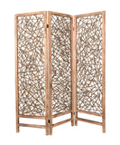 Contemporary 3 Panel Wooden Screen with Willow Branch Inset, Brown