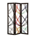 Contemporary 3 Panel Wooden Screen with Woven String Design, Multicolor