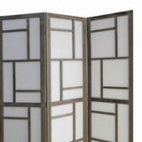 Benzara Contemporary 3 Panel Wooden Screen with Geometrical Designs, Gray BM205870 Gray Wood, Fabric BM205870