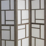 Benzara Contemporary 3 Panel Wooden Screen with Geometrical Designs, Gray BM205870 Gray Wood, Fabric BM205870