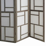 Benzara Contemporary 3 Panel Wooden Screen with Geometrical Designs, Gray BM205870 Gray Wood, Fabric BM205870