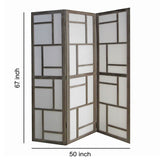 Benzara Contemporary 3 Panel Wooden Screen with Geometrical Designs, Gray BM205870 Gray Wood, Fabric BM205870