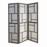 Benzara Contemporary 3 Panel Wooden Screen with Geometrical Designs, Gray BM205870 Gray Wood, Fabric BM205870