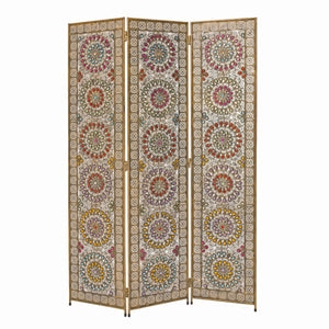 Benzara Royal 3 Panel Metal Screen with Decorated Gem Design, Multicolor BM205875 Multicolor Metal BM205875