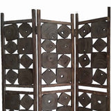 Benzara Contemporary 3 Panel Wooden Screen with Square Log Cut Inset, Brown BM205887 Brown Wood BM205887