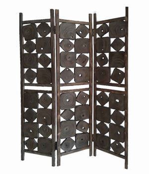 Benzara Contemporary 3 Panel Wooden Screen with Square Log Cut Inset, Brown BM205887 Brown Wood BM205887