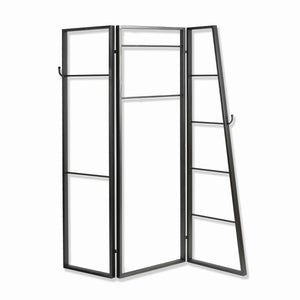 Benzara Modern Style 3 Panel Metal Screen with Hooks and Rod Hangings, Black BM205890 Black Metal BM205890