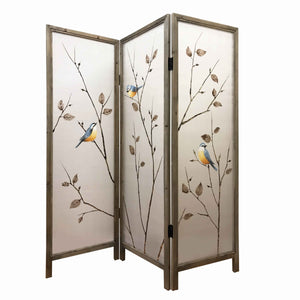 Benzara Art Styled 3 Panel Wooden Screen with Hand painted Fabric Design, Beige BM205893 Beige Wood, Fabric BM205893