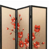 Benzara 3 Panel Wooden Screen with Hand painted Fabric Design, Red and Brown BM205894 Red and Brown Wood, Fabric BM205894