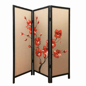 Benzara 3 Panel Wooden Screen with Hand painted Fabric Design, Red and Brown BM205894 Red and Brown Wood, Fabric BM205894