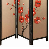 Benzara 3 Panel Wooden Screen with Hand painted Fabric Design, Red and Brown BM205894 Red and Brown Wood, Fabric BM205894