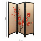 Benzara 3 Panel Wooden Screen with Hand painted Fabric Design, Red and Brown BM205894 Red and Brown Wood, Fabric BM205894