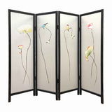 4 Panel Wooden Screen with Hand painted Fabric Design, Brown & Beige