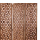 Benzara 3 Panel Transitional Wooden Screen with Leaf Like Carvings, Brown BM205896 Brown Wood BM205896