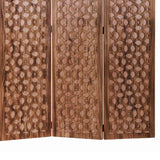 Benzara 3 Panel Transitional Wooden Screen with Leaf Like Carvings, Brown BM205896 Brown Wood BM205896