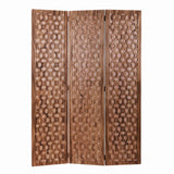 3 Panel Transitional Wooden Screen with Leaf Like Carvings, Brown