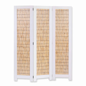 Benzara Transitional 3 Panel Wooden Screen with Wicker Paneling, White and Brown BM205897 White and Brown Wood BM205897