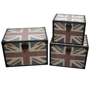 Benzara Storage Trunk with Union Jack Print Canvas Upholstery, Multicolor, Set of 3 BM205920 Multicolor Wood, Fabric, Faux-Leather BM205920