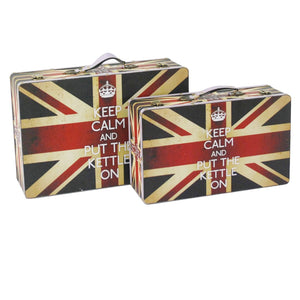 Benzara Suitcase with Union Jack Print Canvas Upholstery, Multicolor, Set of 2 BM205924 Multicolor Wood, Fabric, Faux-Leather, Metal BM205924