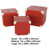 Benzara Storage Trunk with Textured Canvas Upholstery, Red and Gold, Set of 3 BM205925 Red and Gold Wood, Fabric, Faux-Leather, Metal BM205925