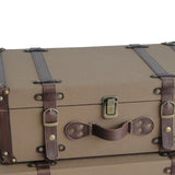 Benzara Fabric Upholstered Suitcase with Faux Leather Straps, Brown, Set of 2 BM205928 Brown Wood, Fabric, Metal and Faux Leather BM205928