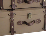 Benzara Fabric Upholstered Suitcase with Faux Leather Straps, Brown, Set of 2 BM205928 Brown Wood, Fabric, Metal and Faux Leather BM205928