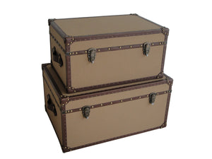 Benzara Fabric Upholstered Rectangular Trunk with Nailhead Details, Brown, Set of 2 BM205930 Brown Wood, Fabric, Metal and Faux Leather BM205930