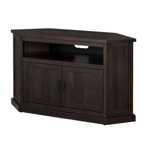 Benzara Rustic Wooden Corner TV Stand with 2 Door Cabinet, Espresso Brown BM205964 Espresso Brown Solid Wood, Metal and MDF BM205964