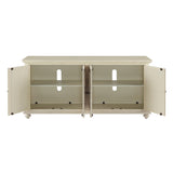 Benzara Trellis Front Wood and Glass TV stand with Cabinet Storage, Beige BM205969 Beige Solid Wood, MDF and Glass BM205969