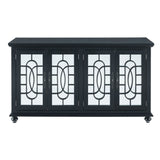 Benzara Trellis Front Wood and Glass TV stand with Cabinet Storage, Black BM205970 Black Solid Wood, MDF and Glass BM205970