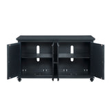 Benzara Trellis Front Wood and Glass TV stand with Cabinet Storage, Black BM205970 Black Solid Wood, MDF and Glass BM205970