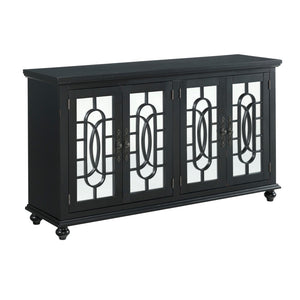 Benzara Trellis Front Wood and Glass TV stand with Cabinet Storage, Black BM205970 Black Solid Wood, MDF and Glass BM205970