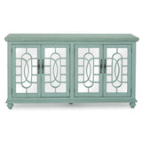 Benzara Trellis Front Wood and Glass TV stand with Cabinet Storage, Mint Green BM205971 Mint Green Solid Wood, MDF and Glass BM205971