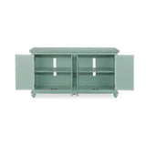 Benzara Trellis Front Wood and Glass TV stand with Cabinet Storage, Mint Green BM205971 Mint Green Solid Wood, MDF and Glass BM205971