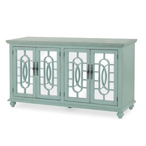 Benzara Trellis Front Wood and Glass TV stand with Cabinet Storage, Mint Green BM205971 Mint Green Solid Wood, MDF and Glass BM205971