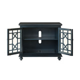 Benzara Transitional Wood and Glass TV Stand with Trellis Cabinet Front, Dark Blue BM205972 Dark Blue Solid Wood, MDF and Glass BM205972