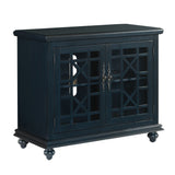 Benzara Transitional Wood and Glass TV Stand with Trellis Cabinet Front, Dark Blue BM205972 Dark Blue Solid Wood, MDF and Glass BM205972