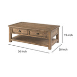 Benzara Coastal Style Rectangular Wooden Coffee Table with 2 Drawers, Brown BM205976 Brown Solid Wood and Metal BM205976