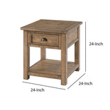 Benzara Coastal Style Square Wooden End Table with 1 Drawer, Brown BM205977 Natural Brown Solid Wood and Metal BM205977