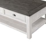 Benzara Coastal Rectangular Wooden Coffee Table with 2 Drawers, White and Gray BM205979 White Solid Wood and Metal BM205979