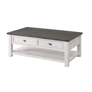 Benzara Coastal Rectangular Wooden Coffee Table with 2 Drawers, White and Gray BM205979 White Solid Wood and Metal BM205979