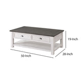 Benzara Coastal Rectangular Wooden Coffee Table with 2 Drawers, White and Gray BM205979 White Solid Wood and Metal BM205979