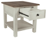 Benzara End Table With Plank Top and a Gliding Drawer, Cream and Brown BM206141 Cream and Brown Wood and Veneer BM206141