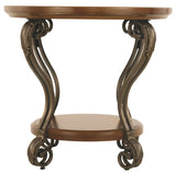 Benzara Round End Table With A Bottom Shelf and Designed Curvy Legs, Brown BM206143 Brown Engineered Wood and Metal BM206143