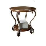Round End Table With A Bottom Shelf and Designed Curvy Legs, Brown